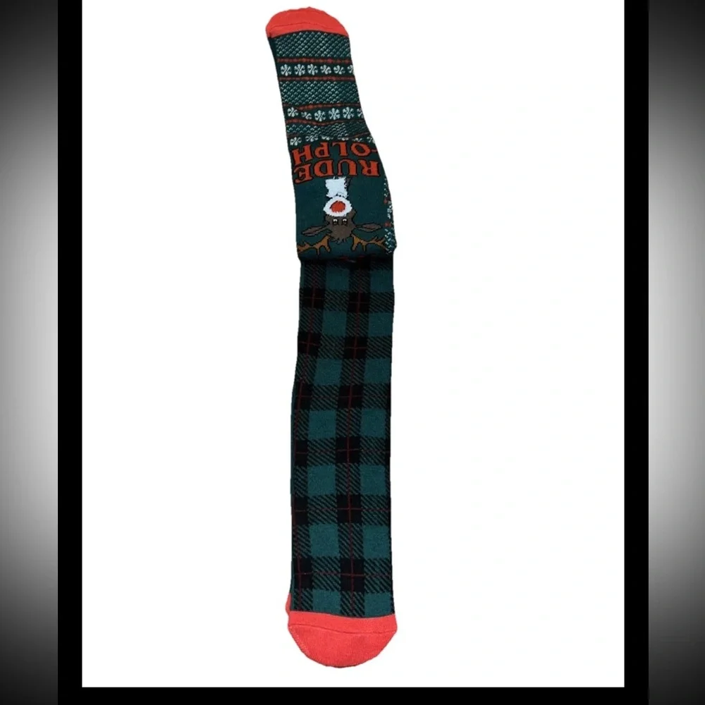 2-Pk Of X-Mas Reindeer Socks & Plaid -Green & Red Mens High Socks “How Rude Off”